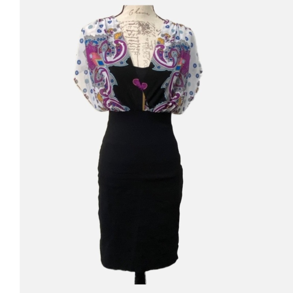Nicole By Nicole‎ Miller Dress Sheer Paisley Print Top Bandage Statement Sleeves
